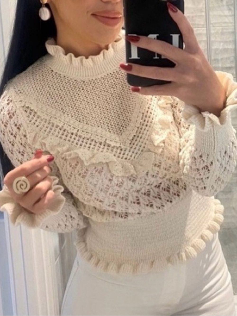 Zara Crochet Pointelle Ruffle Sweater
